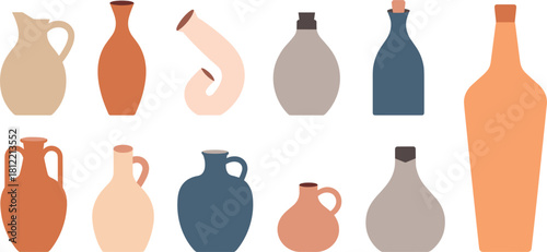 Collection of Ten Different Ceramic and Clay Pottery Vases vector illustration