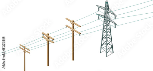 Isometric illustration of electrical power lines with wooden utility poles and steel transmission tower showing energy distribution and modern infrastructure