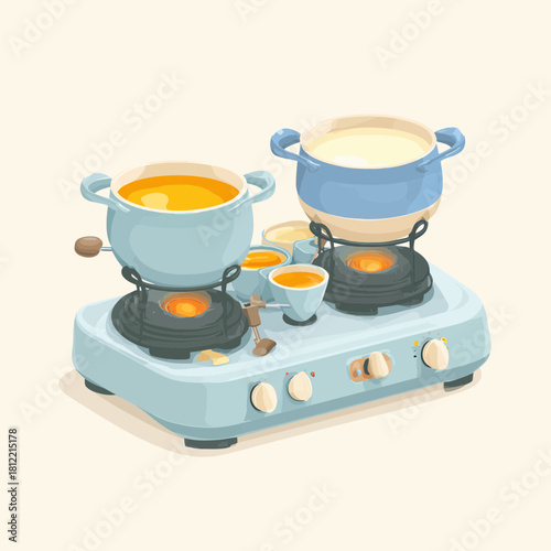 A Fondue Set with Pots Cooking Cheese and Warm Liquid