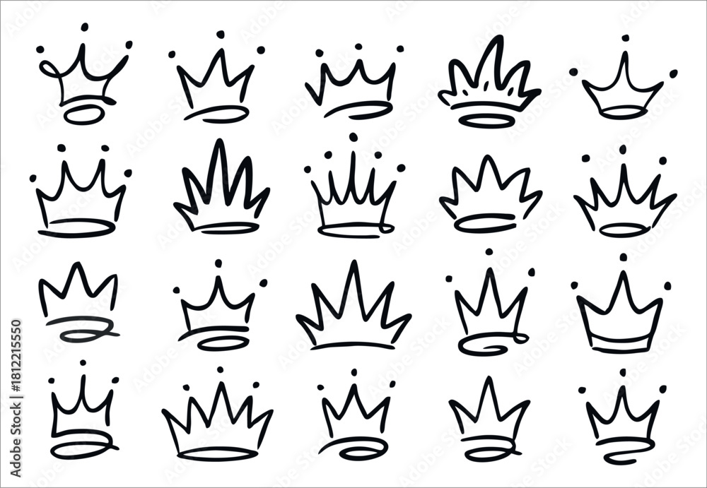 Fototapeta premium Hand drawn crown doodles set isolated on white background sketch style black ink outlines for king queen symbol and graffiti logo design element