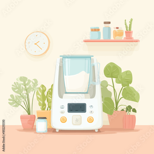 A yogurt maker surrounded by plants in a kitchen setting
