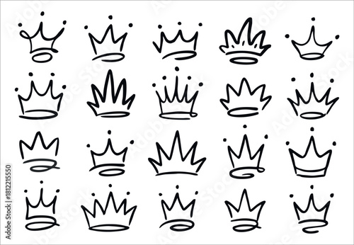 Hand drawn crown doodles set isolated on white background sketch style black ink outlines for king queen symbol and graffiti logo design element