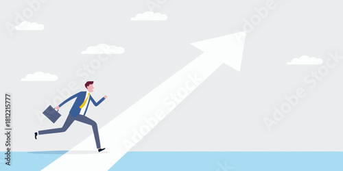 Businessman running upward arrow towards success