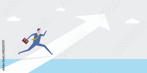 Businessman running up a white arrow towards the sky