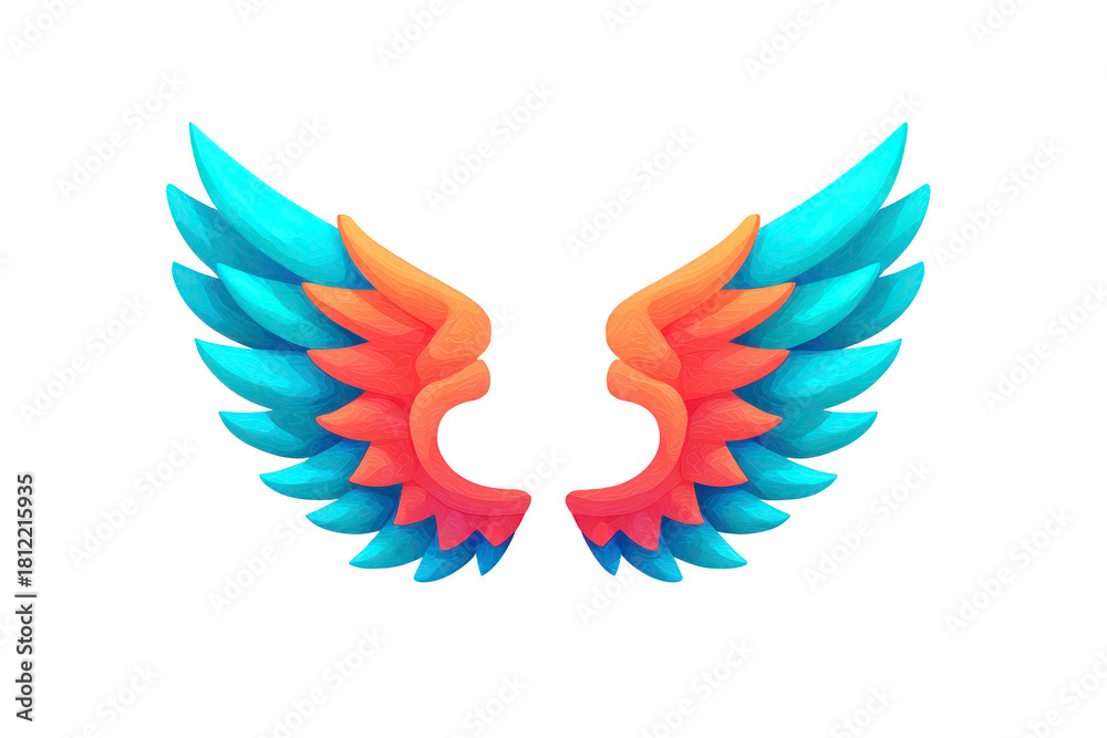 Obraz premium Colorful angel wing illustration with blue, orange, and red feathers, fantasy style, isolated on transparent background, vibrant and magical design, evokes sense of wonder