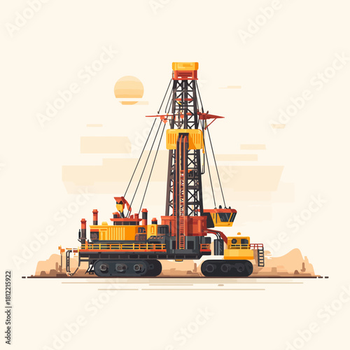 Illustration of a robust industrial drilling rig in desert scenery