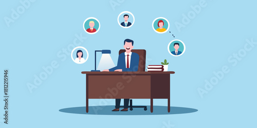 Businessman managing remote team and communication network