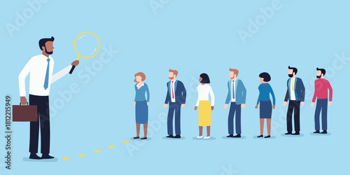 Recruiter inspects candidates with magnifying glass