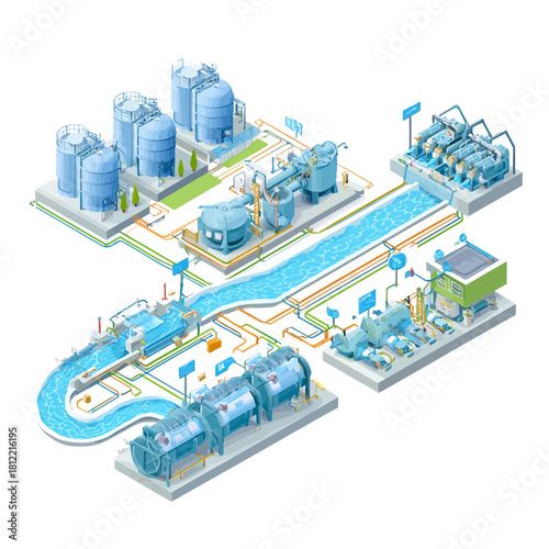 Isometric illustration of wastewater treatment plant system