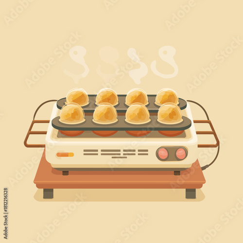 Takoyaki balls cooking on electric grill machine with steam