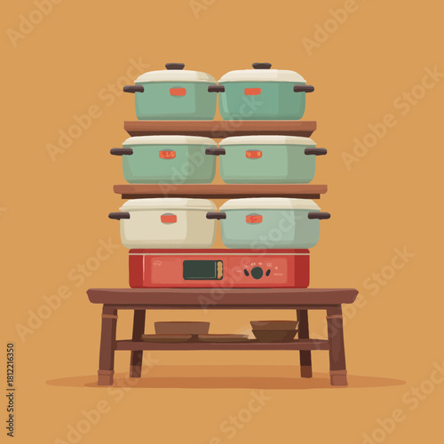 Stacked Steamer Pots and Stove on Wooden Table in the Kitchen