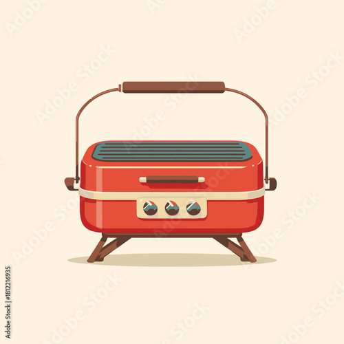 A red portable electric grill with a handle in vector style