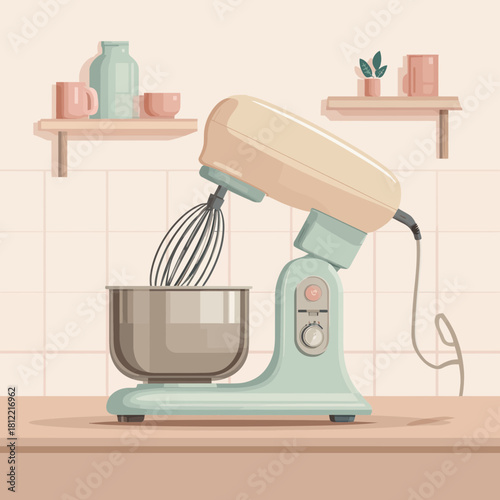 A Retro Style Electric Stand Mixer in a Kitchen Setting
