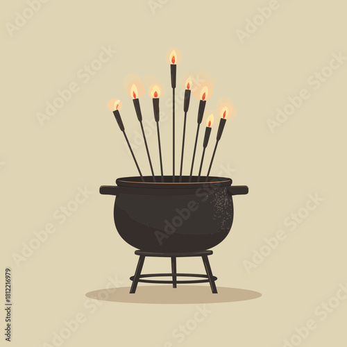 A Rustic Cast Iron Fondue Pot with Burning Candles