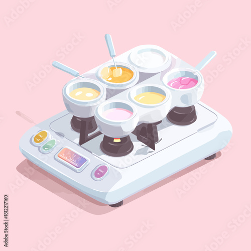 An electric fondue pot with various colorful sauces