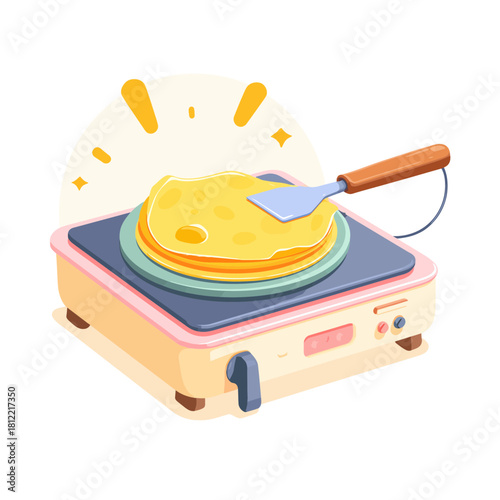 Electric crepe maker with pancakes being cooked indoors