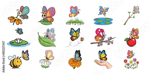 Collection of adorable cartoon deer illustrations in various poses on white background