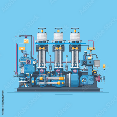 Illustration of a flat design hydraulic system with intricate details