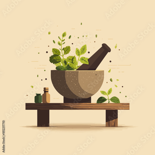 Illustration of a mortar and pestle preparing herbs