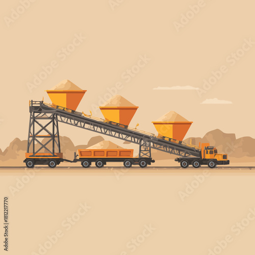 Industrial Conveyor and Truck Transporting Sand in a Desert