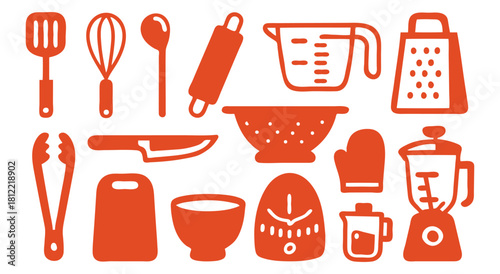 Kitchen. Cooking. Utensil. An orange vector silhouette icon set of various kitchen tools and appliances for a recipe website, a cooking class flyer, or a restaurant's branding.