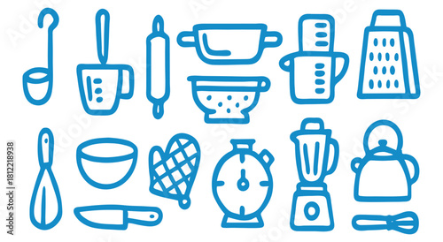 Kitchen. Cooking. Line Art. A blue vector icon set of various kitchen tools and appliances in a hand drawn doodle style for a recipe book, a food blog, or a cooking class graphic.