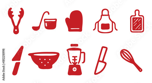 Kitchen. Tool. Cooking. A red vector silhouette icon set of essential kitchen utensils and appliances for a culinary school logo, a recipe app, or a restaurant menu design element.