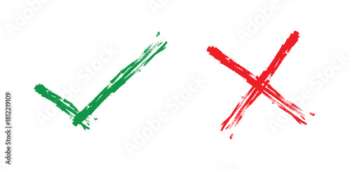tick and cross mark. hand-drawn tick and cross icon set. brush green check and red cross png and vector illustration on transparent background.