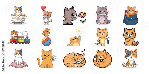 Assortment of charming pixel art kittens in different sweet scenarios isolated on