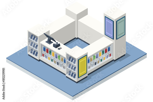 Isometric illustration of a compact smartphone kiosk with shelves, accessories, checkout counter and tech products arranged around the stand. Mobile smartphones series shown on retail display