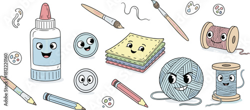 Hand Drawn Crayon Pencils and Brushes Craft Set.