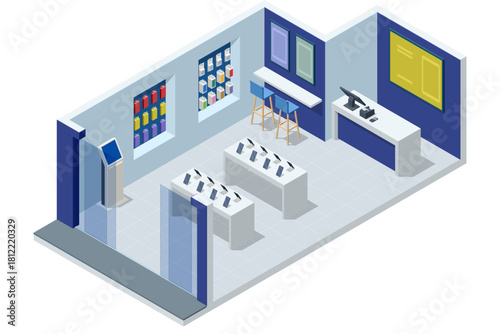 Isometric illustration of a modern smartphone store with glass entrance, demo tables, seating area, wall displays and accessory shelves. Mobile smartphones series shown on retail display