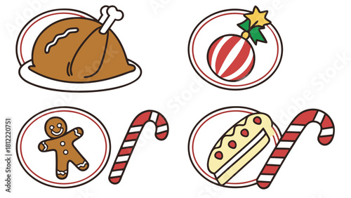Christmas Dinner and Dessert Icon Set with Turkey and Treats, A set of four cartoon illustrations in oval frames: a roasted turkey, a Christmas ornament, a gingerbread man with a candy cane,