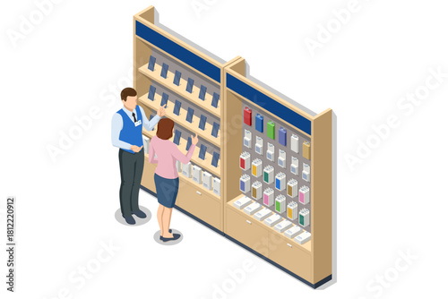 Isometric illustration of a customer consulting with a sales assistant while choosing a smartphone at an accessory and phone display wall. Mobile smartphones series shown on retail display