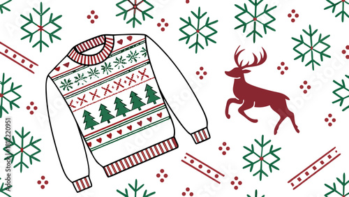 Ugly Christmas Sweater Seamless Pattern with Reindeer and Snowflakes Vector, A seamless pattern featuring an illustration of a decorated ugly Christmas sweater, a reindeer silhouette, and various snow