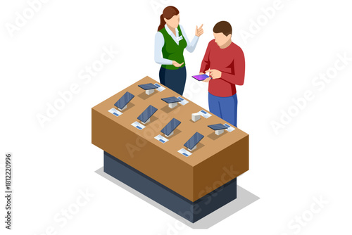 Isometric illustration of a sales assistant helping a customer choose a smartphone from a demo table with multiple display models in a tech store. Mobile smartphones series shown on retail display