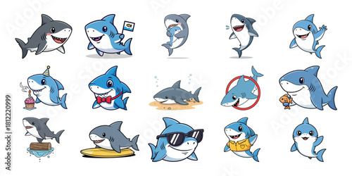 Pixel art collection of cute cartoon shark characters isolated on