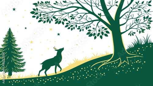 Deer looking up at large tree silhouette landscape vector, A two-tone silhouette illustration in green and cream, showing a deer standing on a hill and looking up at a large, leafy tree, with a pine 