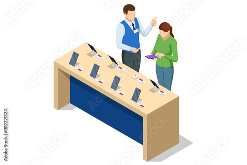 Isometric illustration of a sales assistant showing a smartphone to a female customer in a retail tech store with demo devices on the table. Mobile smartphones series shown on retail display