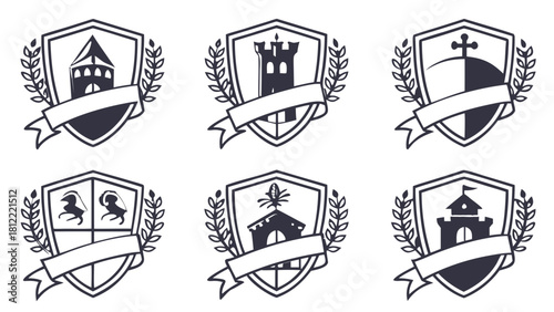 Set of Six Heraldic Shield Emblems with Banners Vector, A set of six distinct heraldic shield illustrations, each featuring a different emblem such as a castle, cross, or animals, and a banner across 