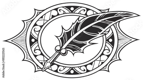 Quill Pen in Ornate Celtic Frame Vector Illustration, A detailed black and white illustration featuring a feather quill pen placed within an intricate, circular Celtic knotwork frame
