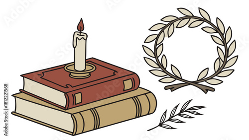 Old Books with Lit Candle and Wreaths Vector Illustration, An illustration of two stacked vintage books with a lit candle in a holder on top, flanked by two laurel wreath branches