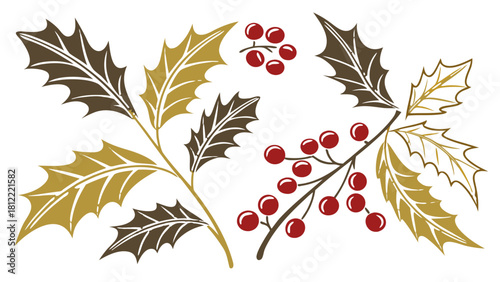 Holly Branches and Berries Christmas Vector Illustration, An illustration of two holly branches, one with gold leaves and one with brown, both featuring clusters of red berries, Transparent Background