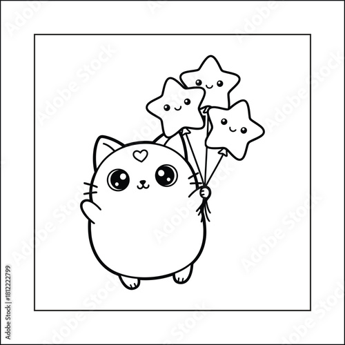 Chubby Cat with Star Balloons Coloring Page: Bold and Easy Kawaii Doodle for a Cozy Moment of Joy