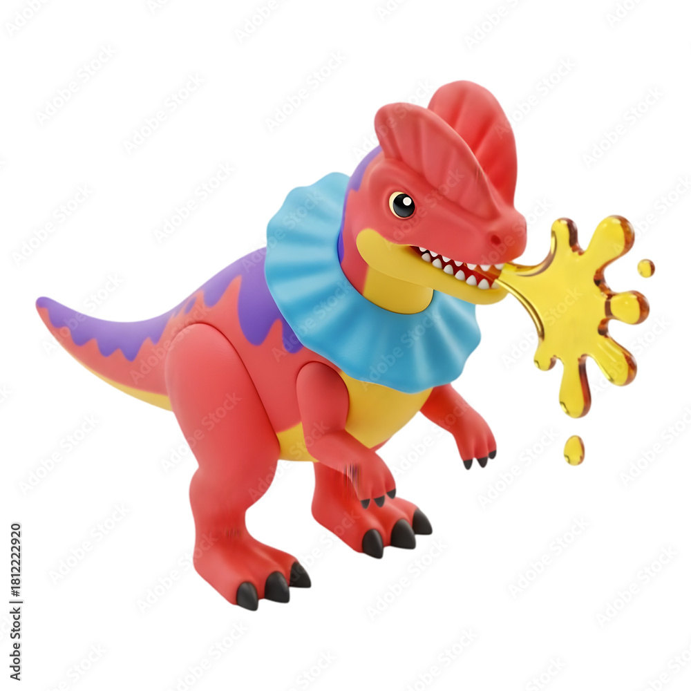 Obraz premium A whimsical colorful dinosaur toy spitting bright yellow goo