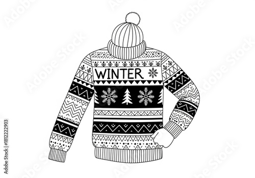 Black and white winter sweater with pom pom hat isolated on white background