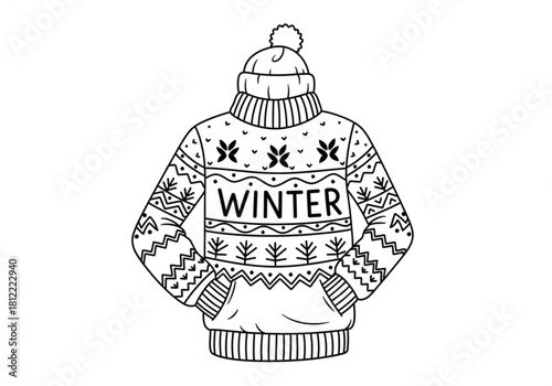 Hand drawn winter sweater with pom pom hat isolated on white background