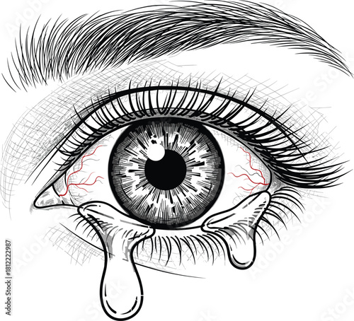 Realistic crying eye vector illustration, hand drawn sketch style, black and white with red veins, teardrops falling, sad emotional face detail, human vision art