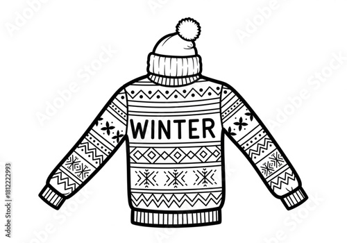 Black and white illustration of a winter sweater with a pom pom hat isolated on white background