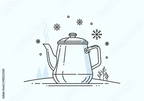 Illustration of a steaming coffee pot with snowflakes isolated on white background
